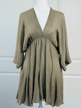 ASOS Flowy Batwing Sleeve V neck Mini Dress With Tie Back, Olive Green, Size 2